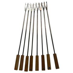 Set Of 8 Stainless Steel Fondue Fork Skewers With Wooden Handles Mixed Colors